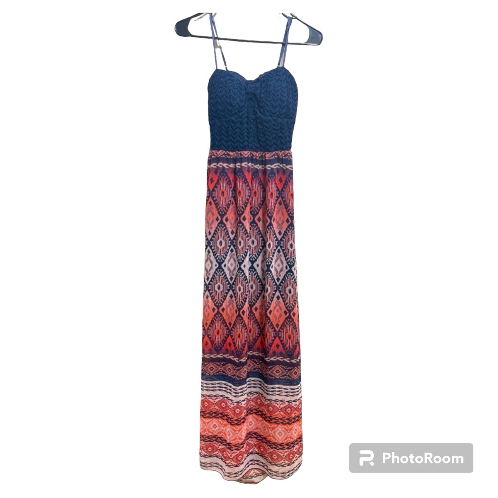 Trixxi Maxi Sun Dress Sleeveless w Navy Crocket Open back 100%Polyester Small - Picture 3 of 13